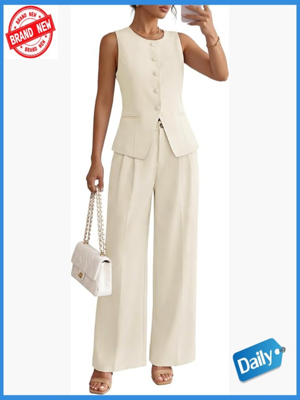 Sleeveless Blazer Vest Wide Leg Pants 2 Piece Suit Set Business Casual Outfit
